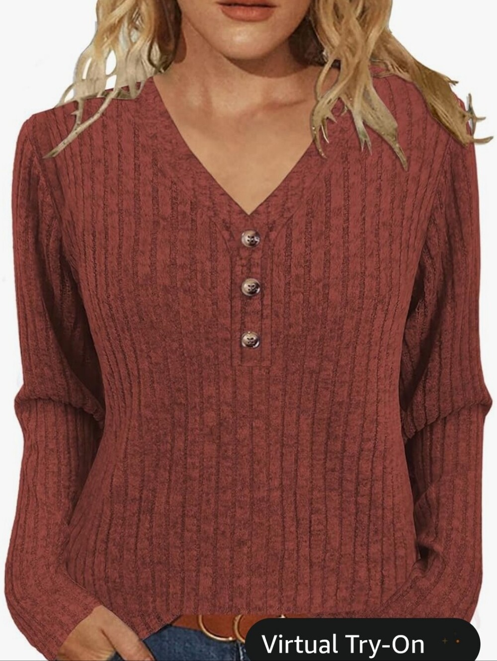 Amazon Long-Sleeve Ribbed Henley Top - Rust Orange - XL